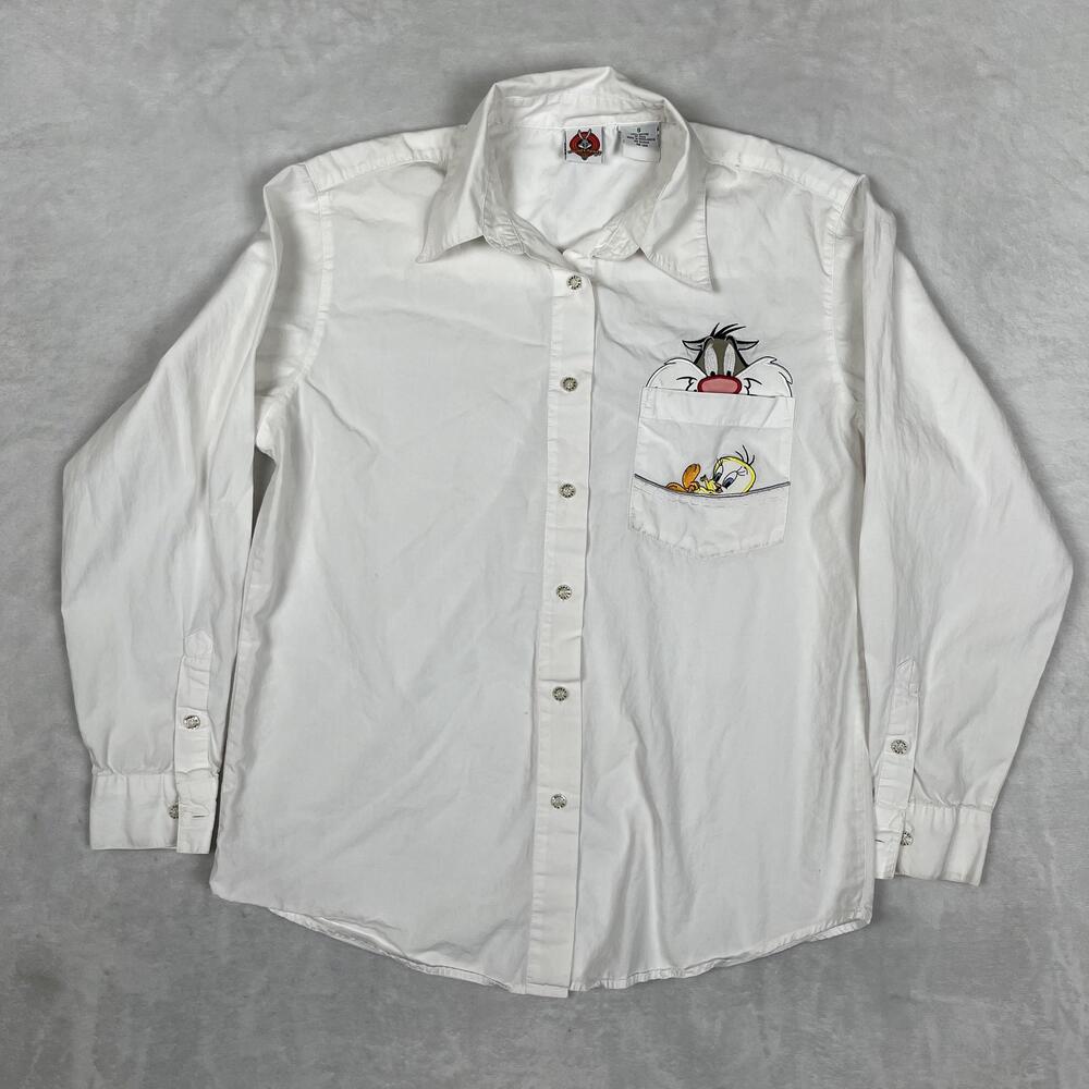 Vintage Looney Tunes Shirt Size Small White Sylvester Tweety Long Sleeve Button